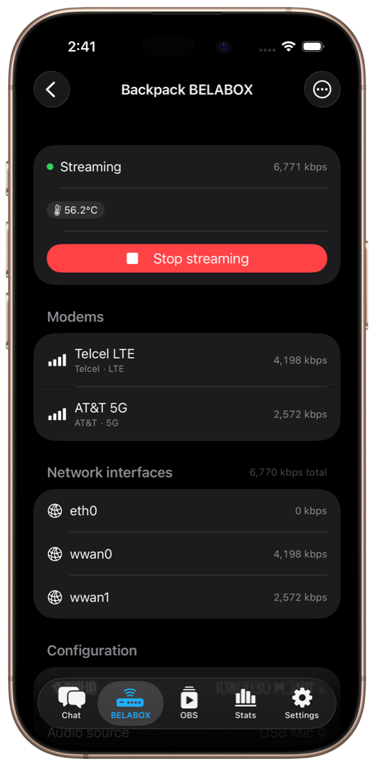 BELABOX encoder monitoring with per-modem signal and bitrate