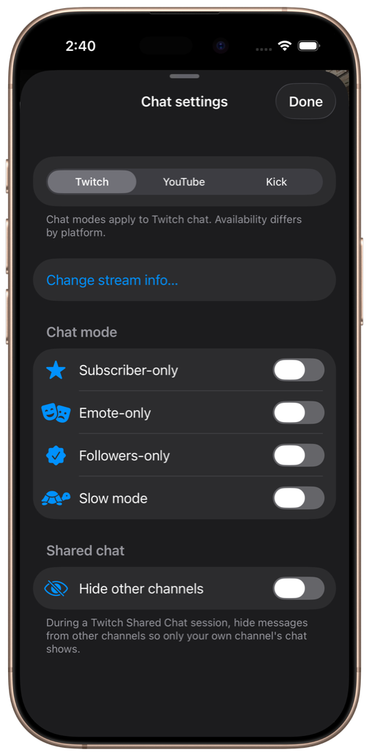 Chat mode and moderation settings