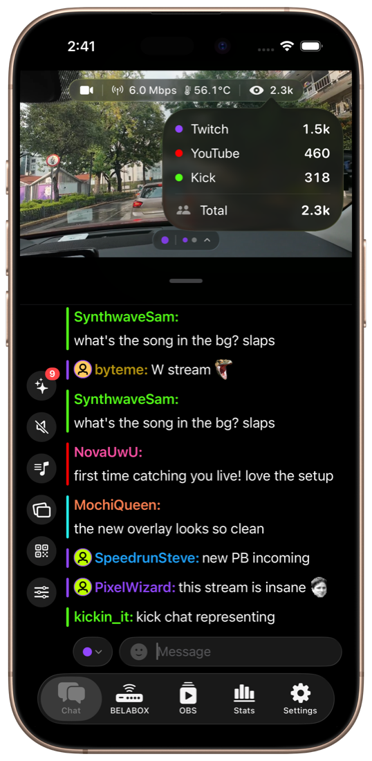 Unified multi-platform chat with the live stream and viewer counts