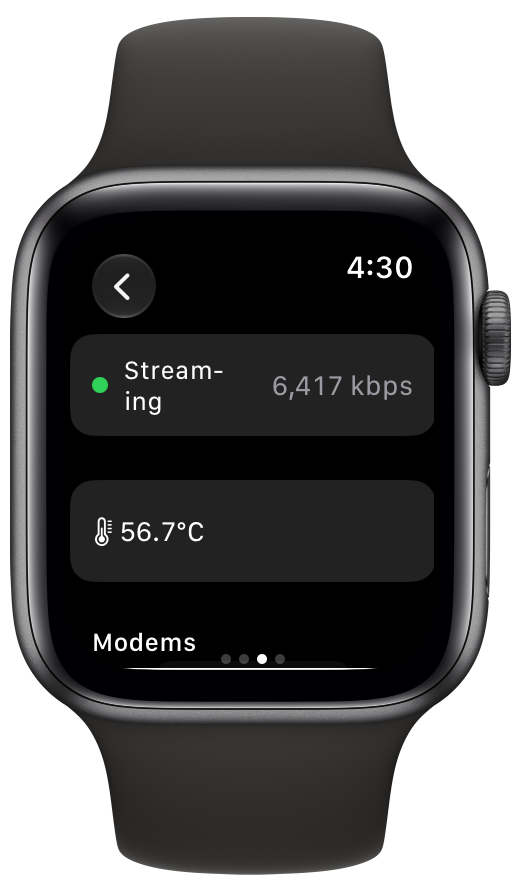BELABOX encoder bitrate and temperature on Apple Watch